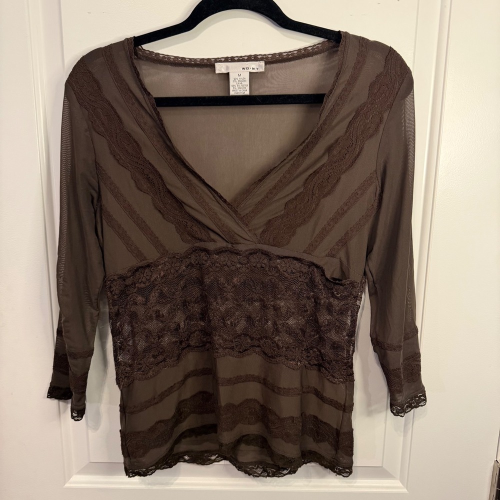 Y2K Brown Sheer Lace Trim Whimsigoth Forest Fairy Vintage Quarter Sleeve Top